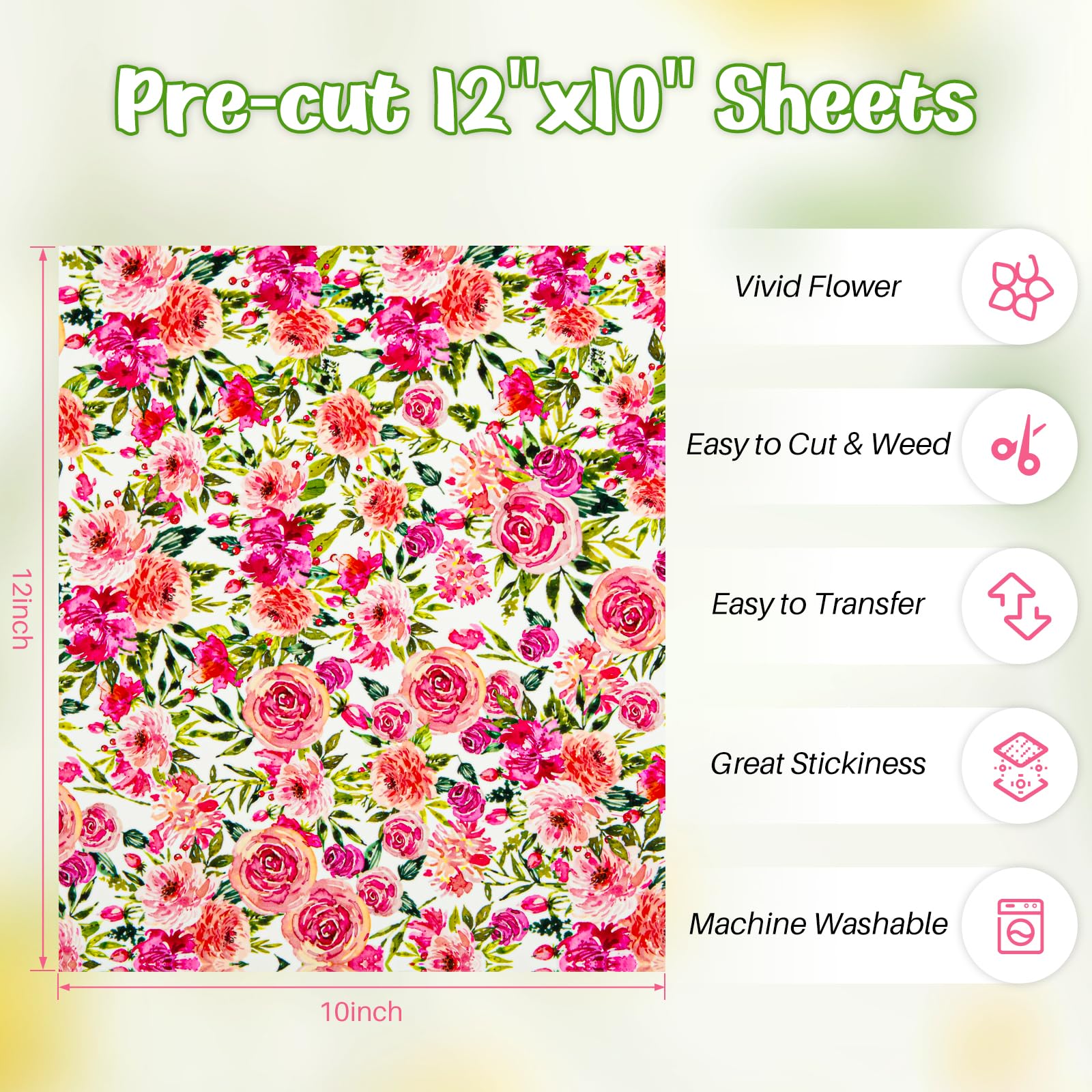 HTVRONT Floral Heat Transfer Vinyl - 12"x10" Watercolor Flower Iron On Vinyl Sheets, 11 Packs Pattern HTV with 1 PTFE Sheet, Patterned HTV Vinyl Bundle for Spring Clothing Costume - Image 4