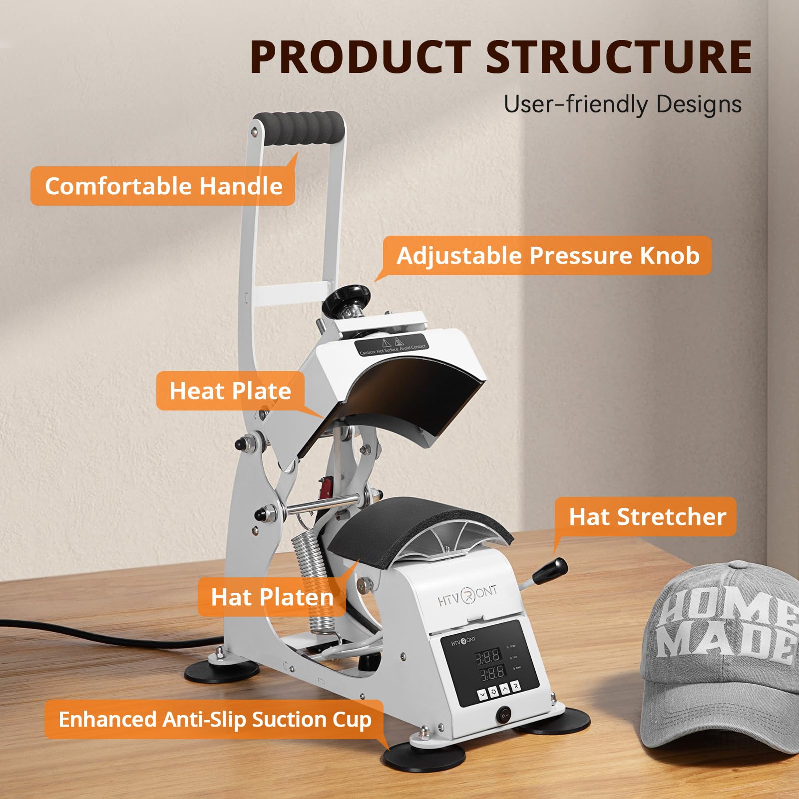 HTVRONT Hat Press Machine - Hat Press Heat Machine for Caps with 2 Platens & Caps Stretcher, White Hat Heat Press Machine for Caps with Memory Mode and Non-Slip Base for Heat Transfer Vinyl - Image 7