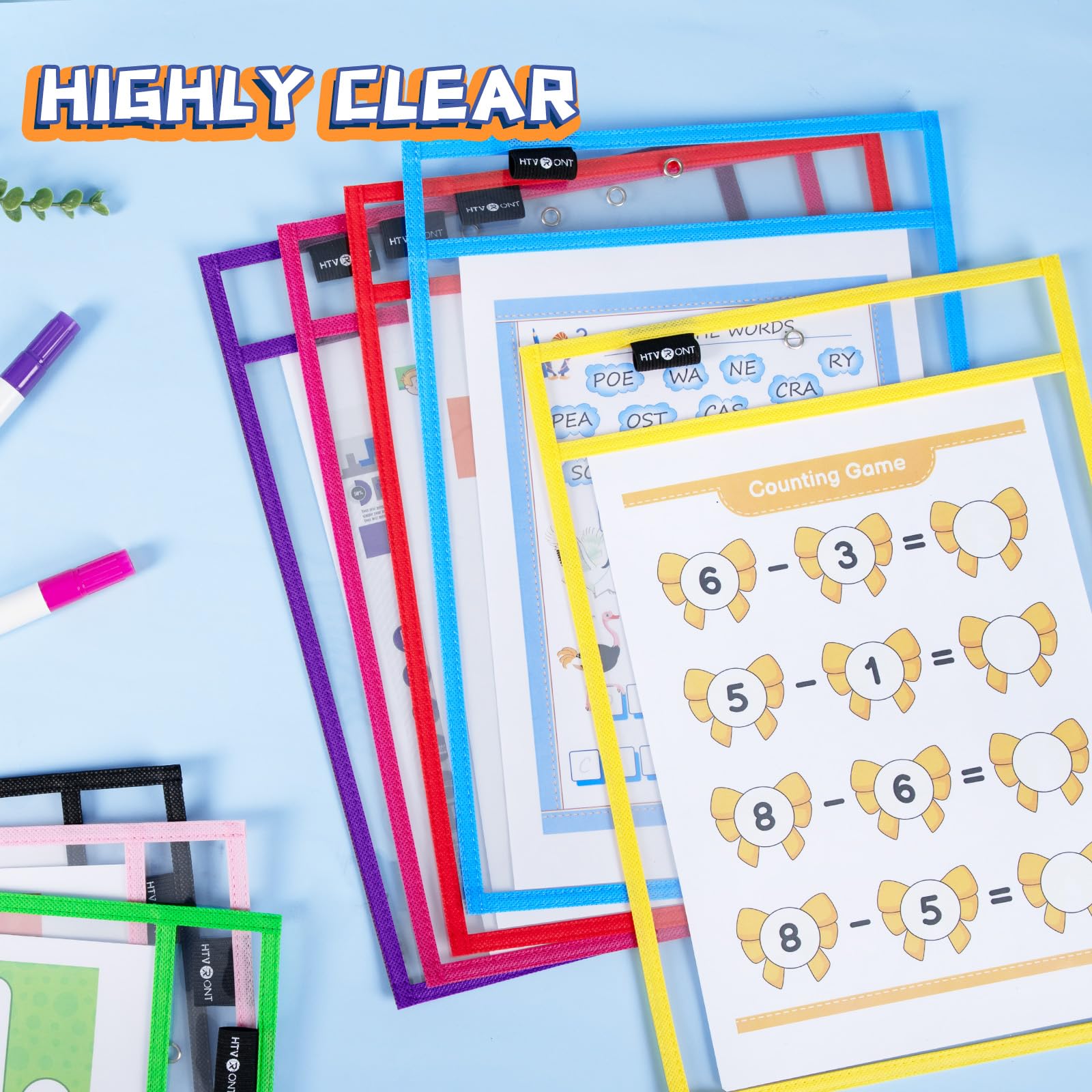 HTVRONT Oversized Dry Erase Pockets - 30 Pack Reusable Sleeves with Rings, Clear Plastic Sheet Protectors for Classrooms, Teachers, Schools, Shops, Ticket Holders - Image 9
