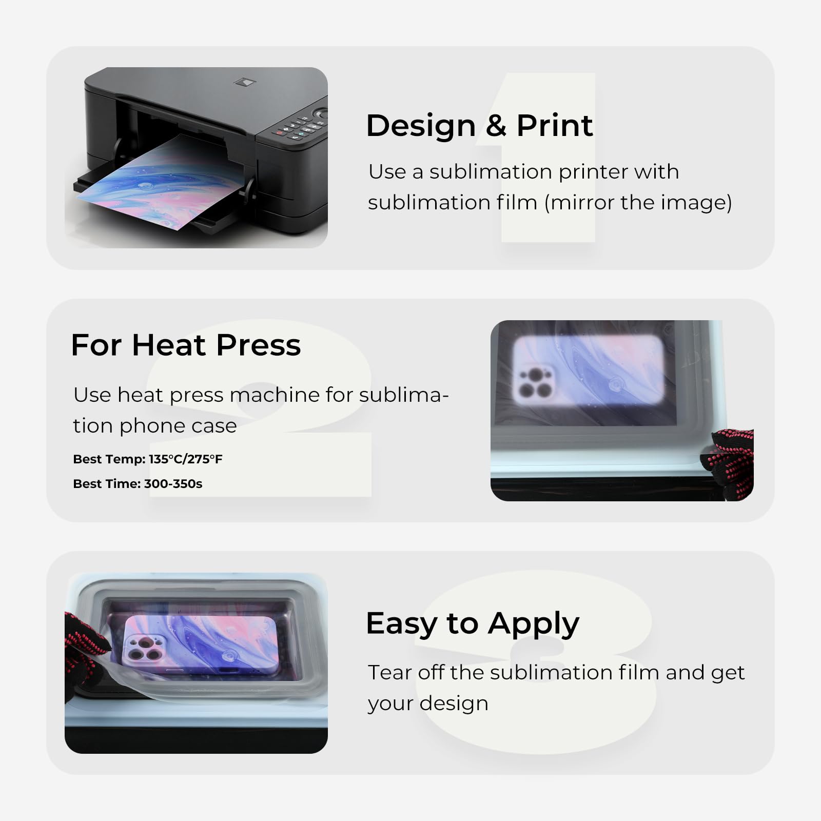 HTVRONT Printable Sublimation Heat Transfer Film for Phone Case Heat Press,10 Pack 3D Sublimation Film Sheets for Phone Cases Mugs,8.3" x 11.7" Sublimation Transfer Paper for Badge, Keychains - Image 3