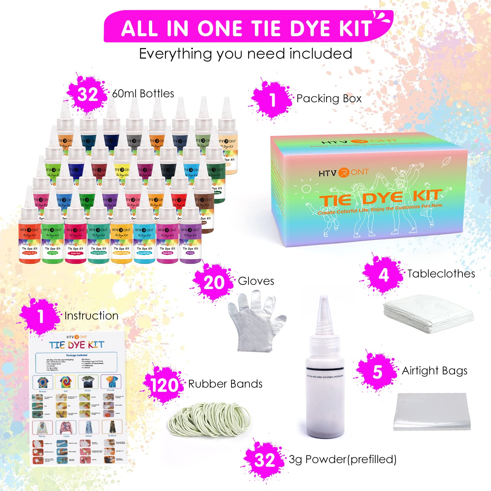 HTVRONT Tie Dye Kit - 32 Vibrant Colors Pre-Filled Bottles Tyedyedye Kit, Permanent Non-Toxic for Large Groups Kids Adults,Tye Fabric Textile Handmade Party(Just Add Water) - Image 3